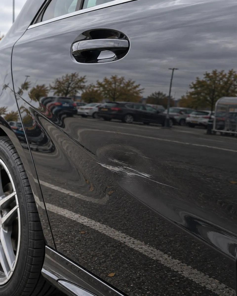 Close-up of a dent on the rear door
