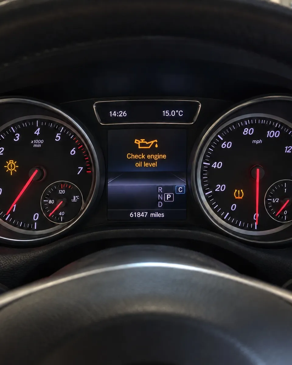 Instrument cluster with an oil level warning showing