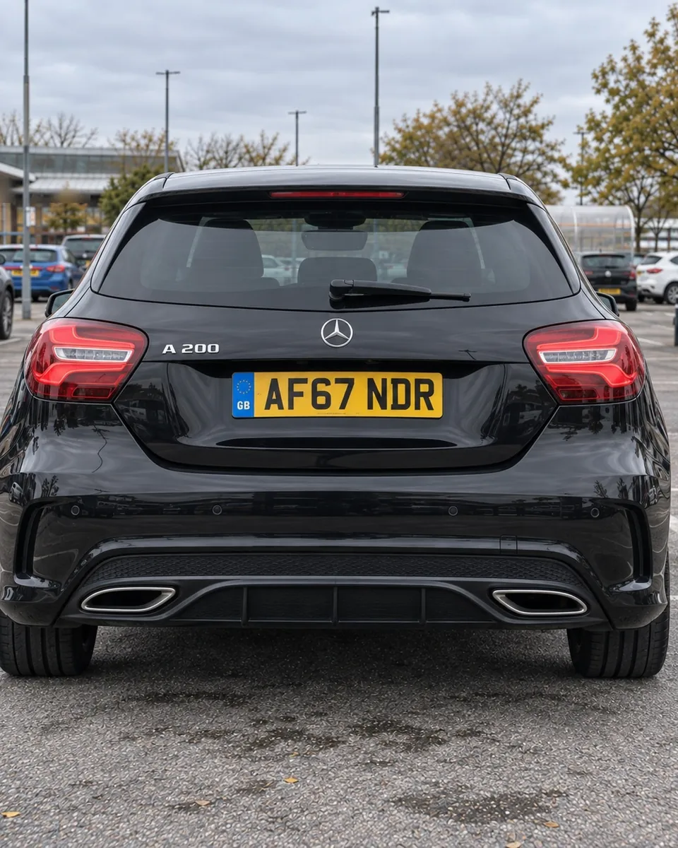 Rear of the Mercedes with its exhaust tips in view